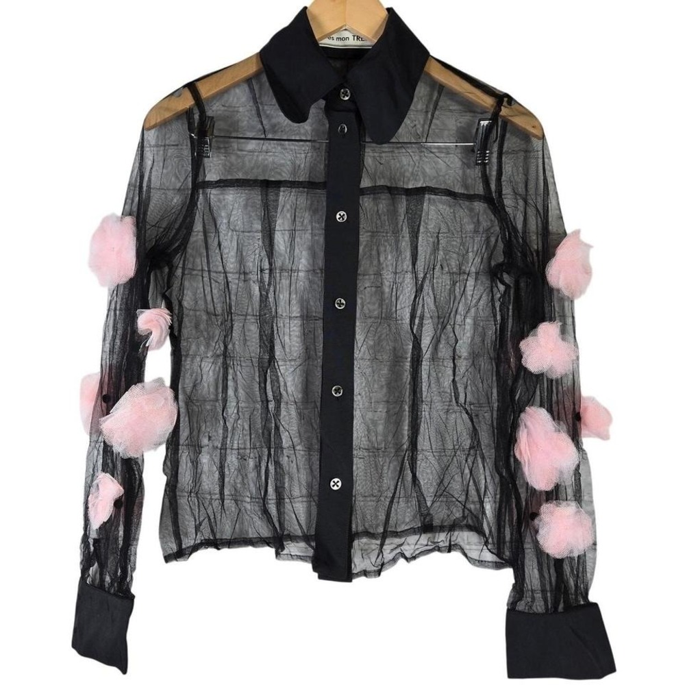 Tu es mon TRÉSOR Sheer Black Tulle Floral Applique Button Down Blouse Top